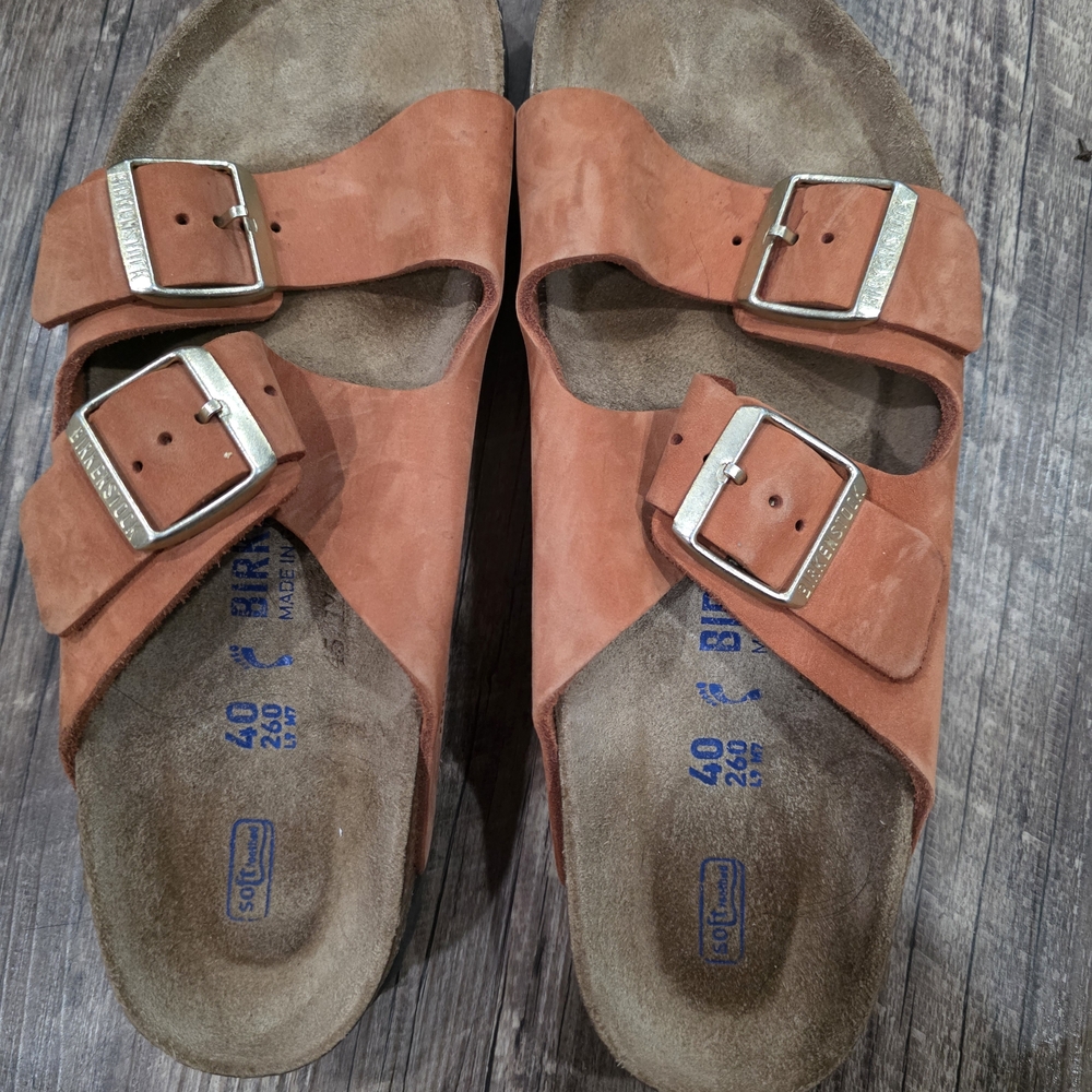 Birkenstock Rust Suede Sandals with Silver Buckles